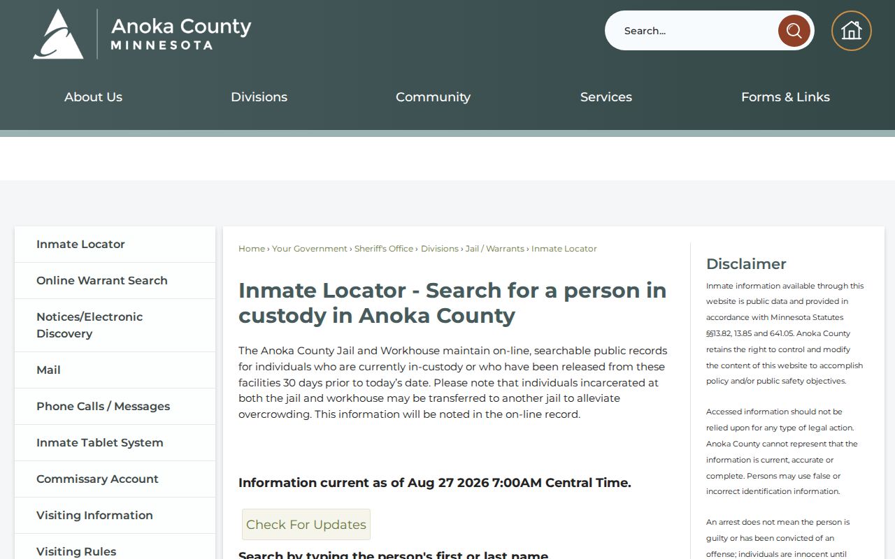 Ramsey residents directory Anoka County inmate locator